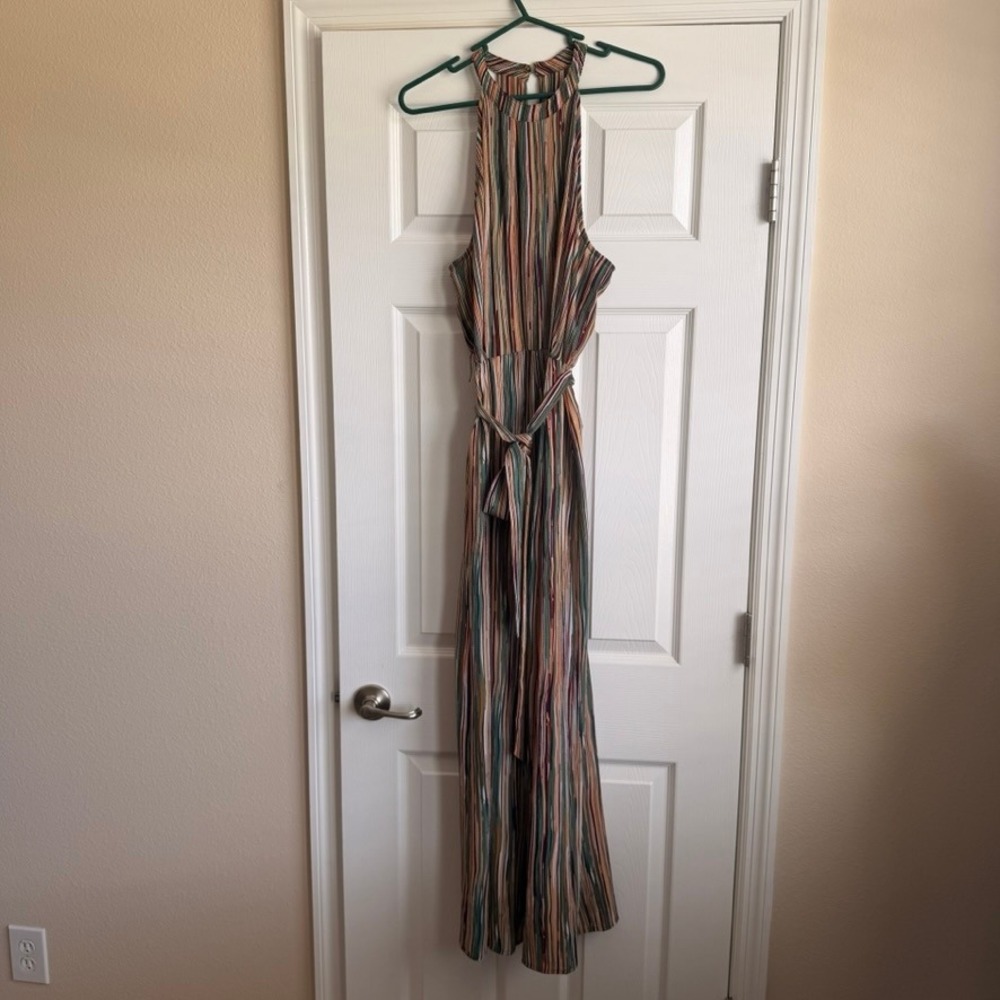 Promesa Womens Multi Color Striped Halter Neck Wide‎ Leg Jumpsuit Belt Size M